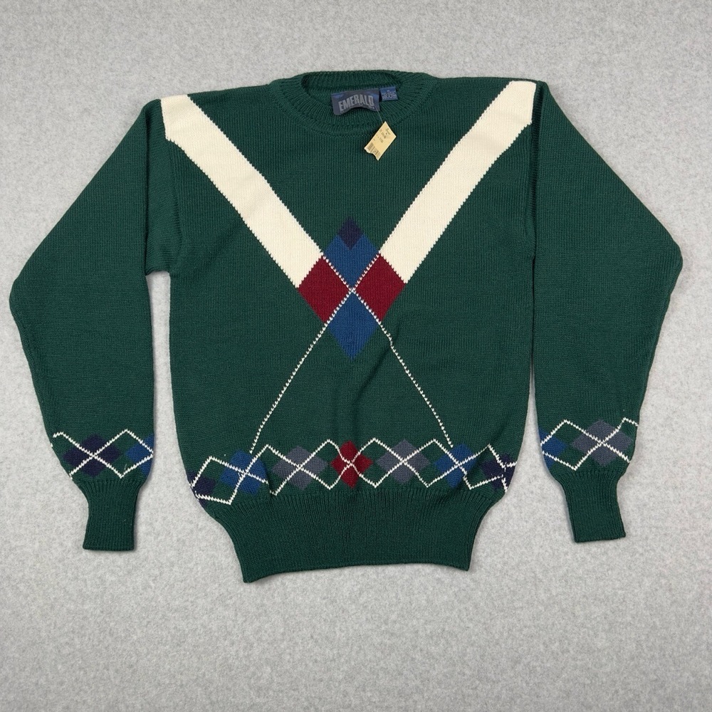 Emerald Club Sweater Men M Green Argyle Knit Vintage Preppy Academia Grandpa NEW